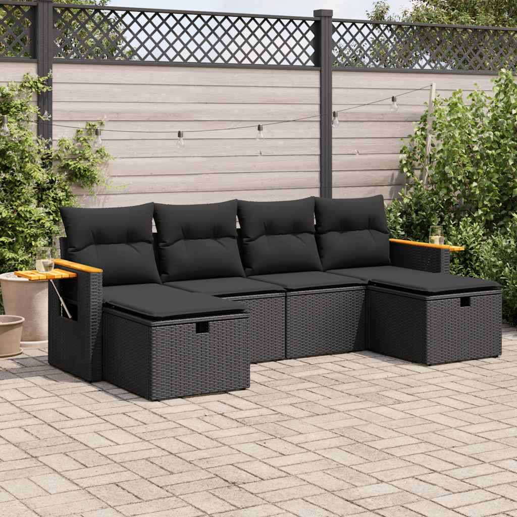 6-delige Loungeset met kussens poly rattan zwart