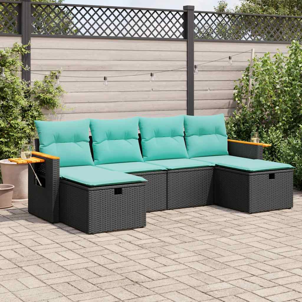 6-delige Loungeset met kussens poly rattan zwart – afbeelding 1