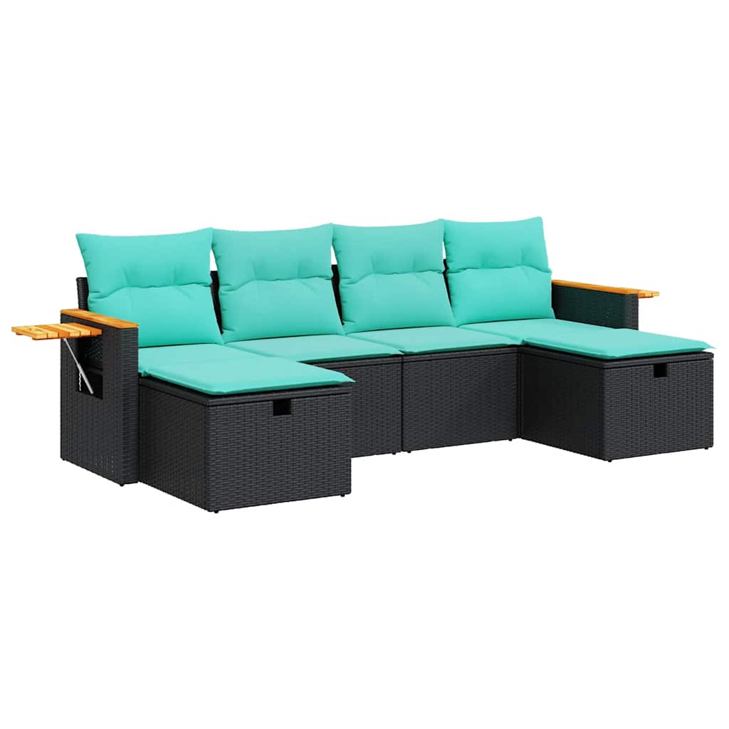 6-delige Loungeset met kussens poly rattan zwart – afbeelding 2