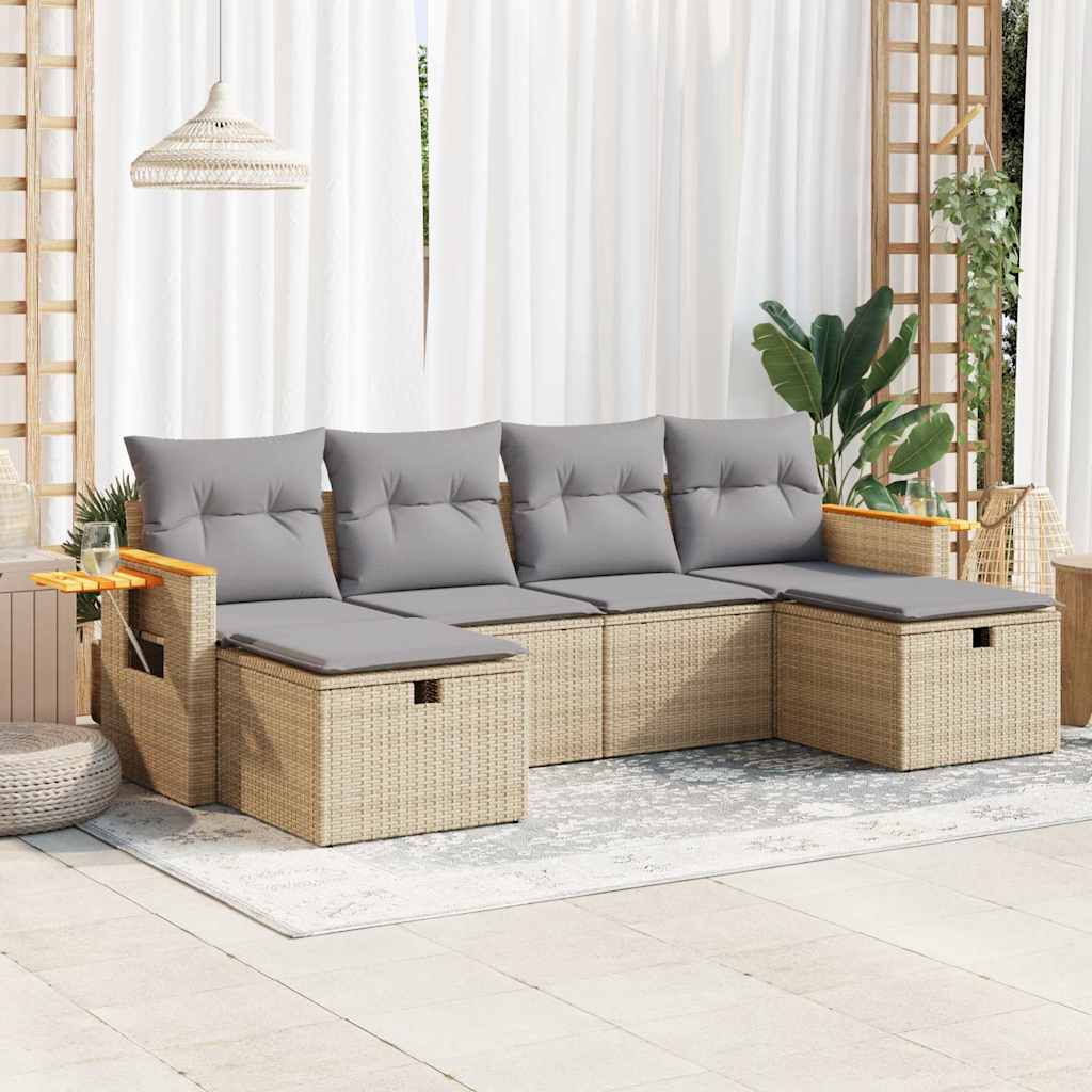6-delige Loungeset met kussens poly rattan beige – afbeelding 1