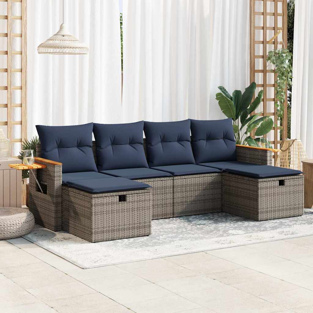 6-delige Loungeset met kussens poly rattan grijs – afbeelding 1