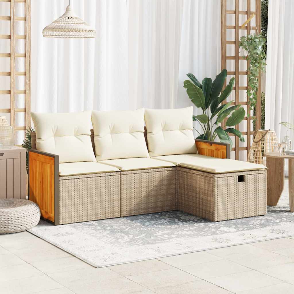 4-delige Loungeset met kussens poly rattan beige – afbeelding 1