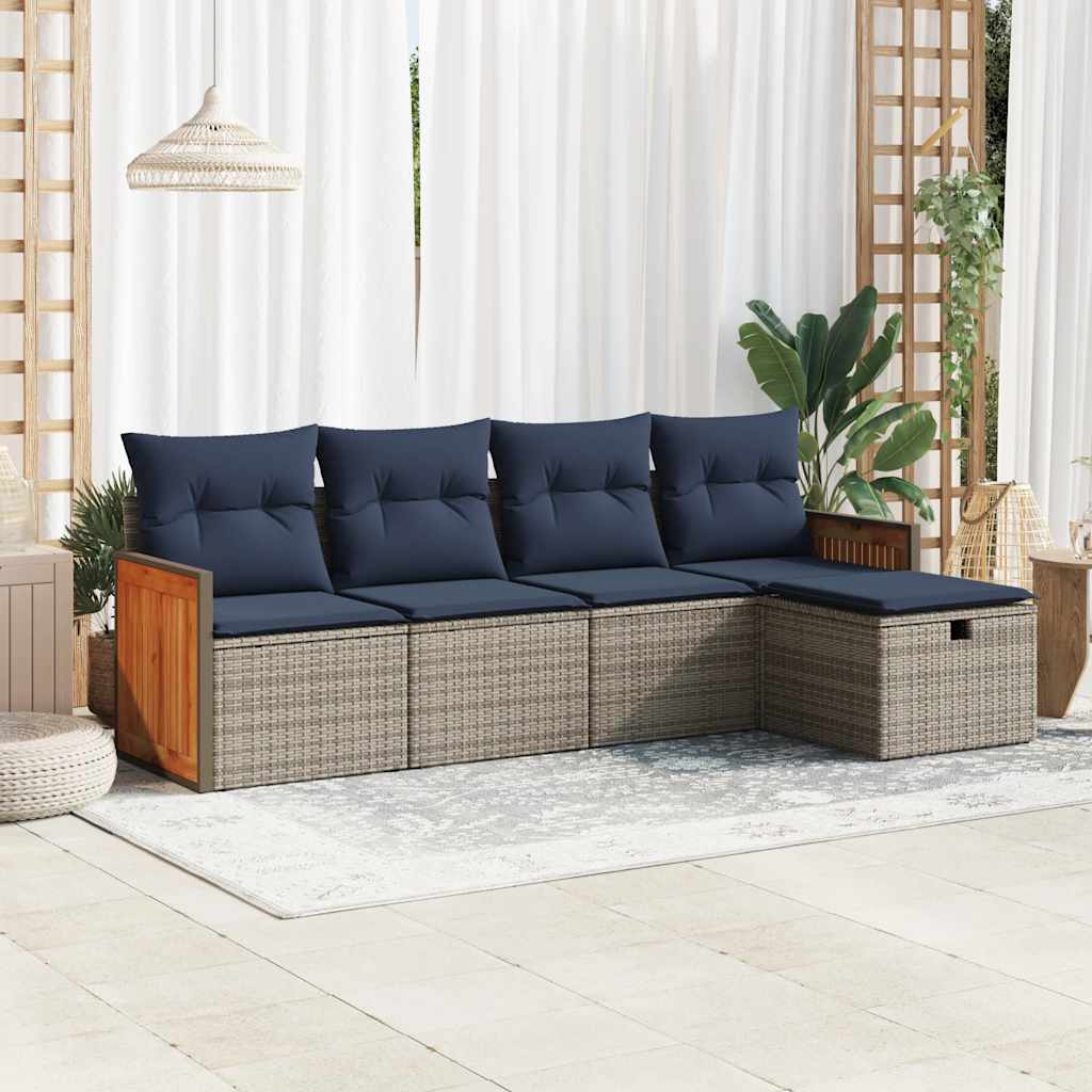 5-delige Loungeset met kussens poly rattan grijs – afbeelding 1