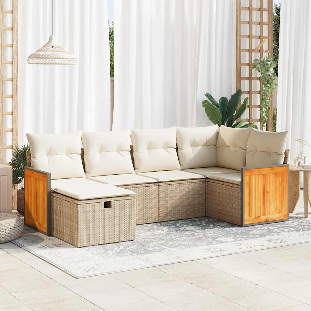 6-delige Loungeset met kussens poly rattan beige – afbeelding 1
