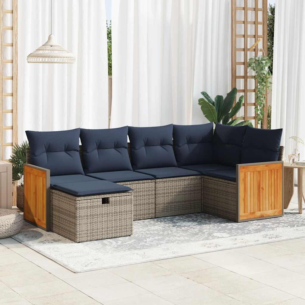 6-delige Loungeset met kussens poly rattan grijs – afbeelding 1