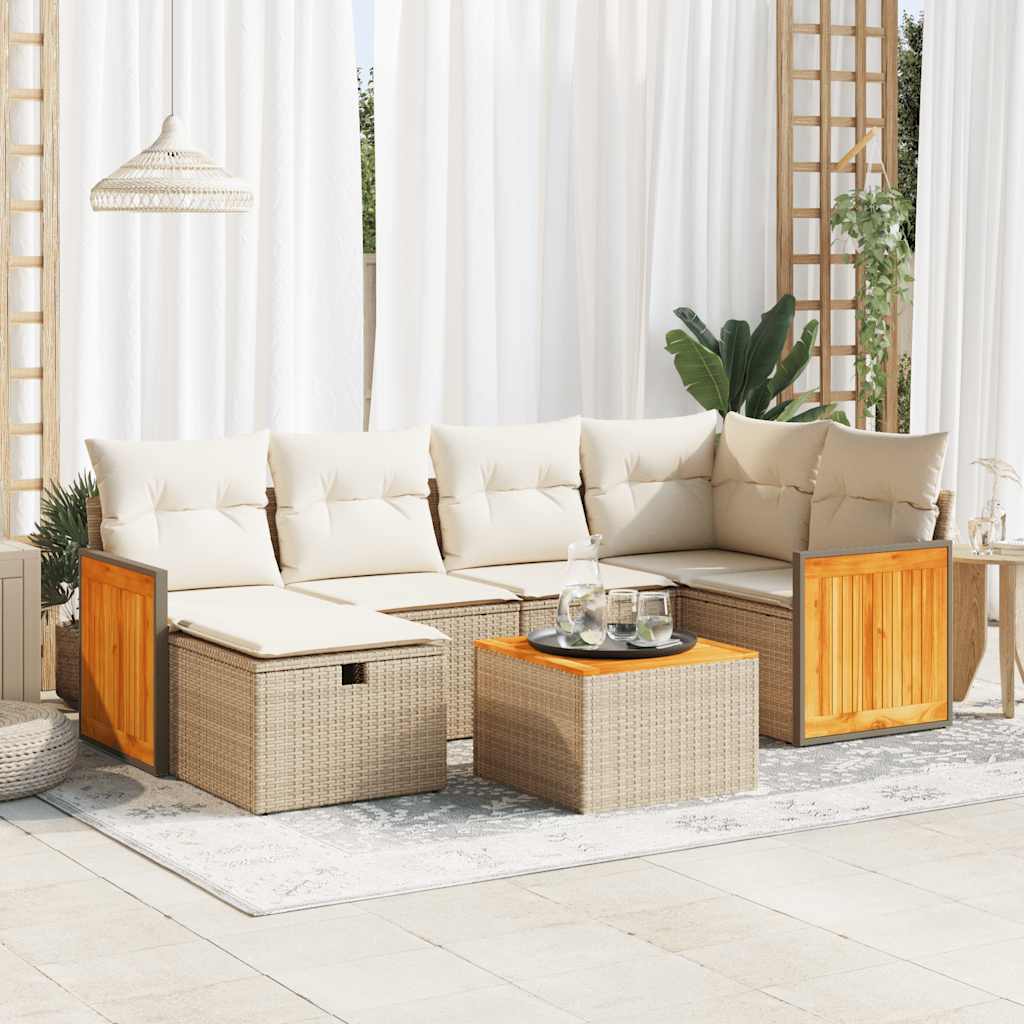 7-delige Loungeset met kussens poly rattan beige – afbeelding 1