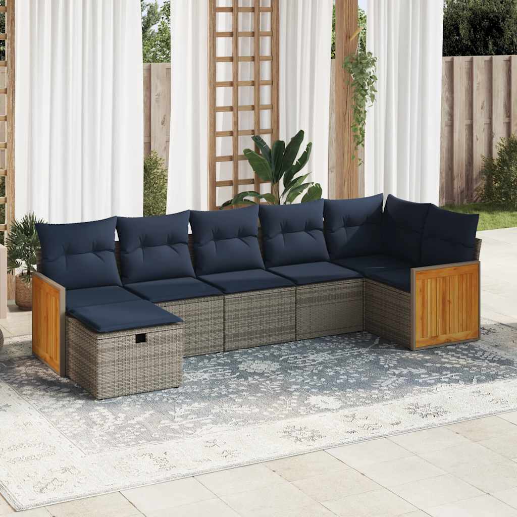 7-delige Loungeset met kussens poly rattan grijs – afbeelding 1