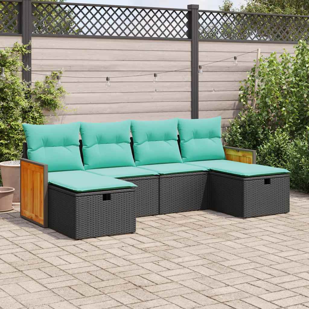 6-delige Loungeset met kussens poly rattan zwart – afbeelding 1