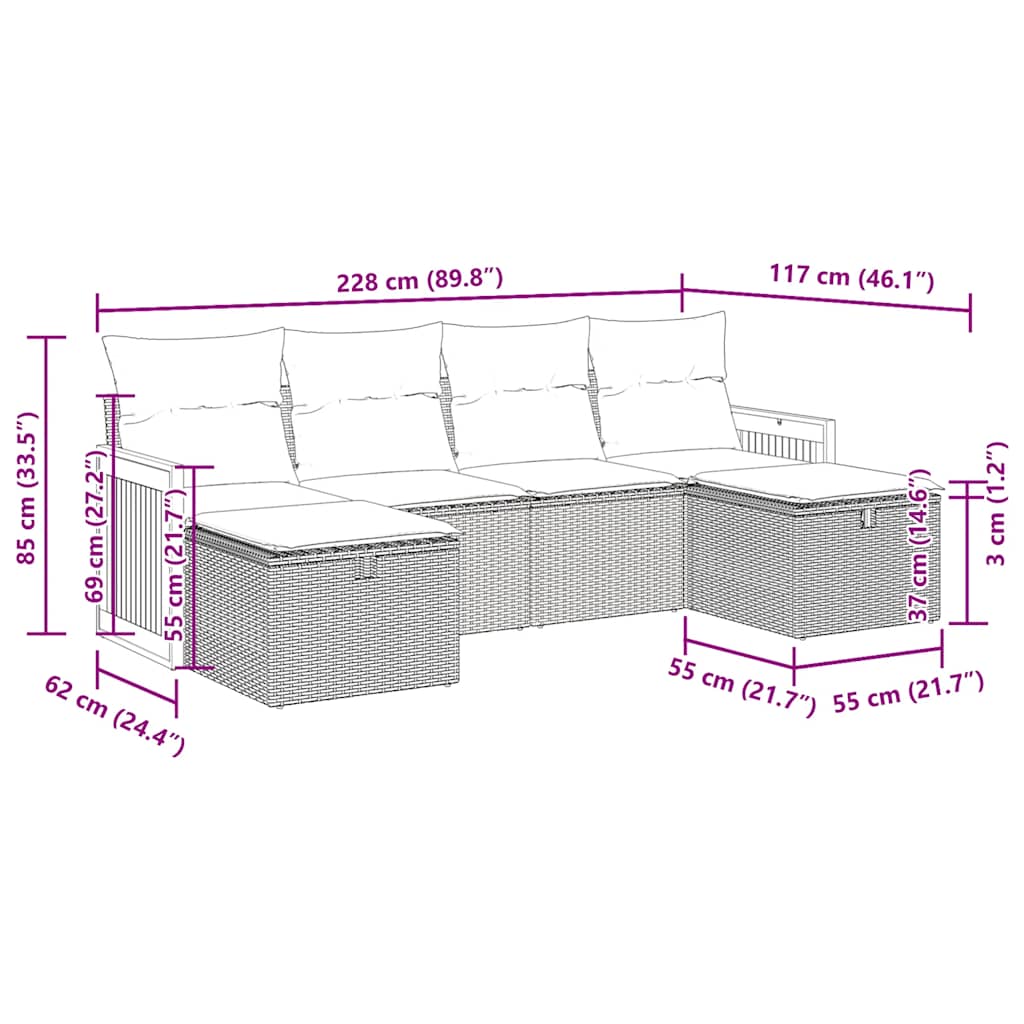 6-delige Loungeset met kussens poly rattan zwart – afbeelding 12