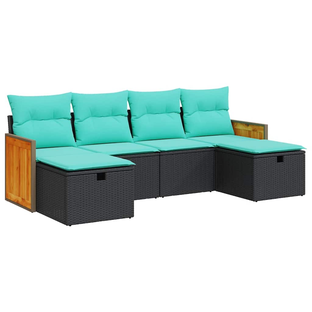 6-delige Loungeset met kussens poly rattan zwart – afbeelding 2