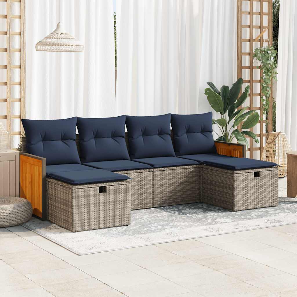 6-delige Loungeset met kussens poly rattan grijs – afbeelding 1