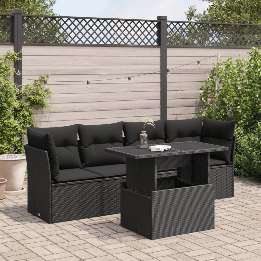 5-delige Loungeset met kussens poly rattan zwart – afbeelding 1