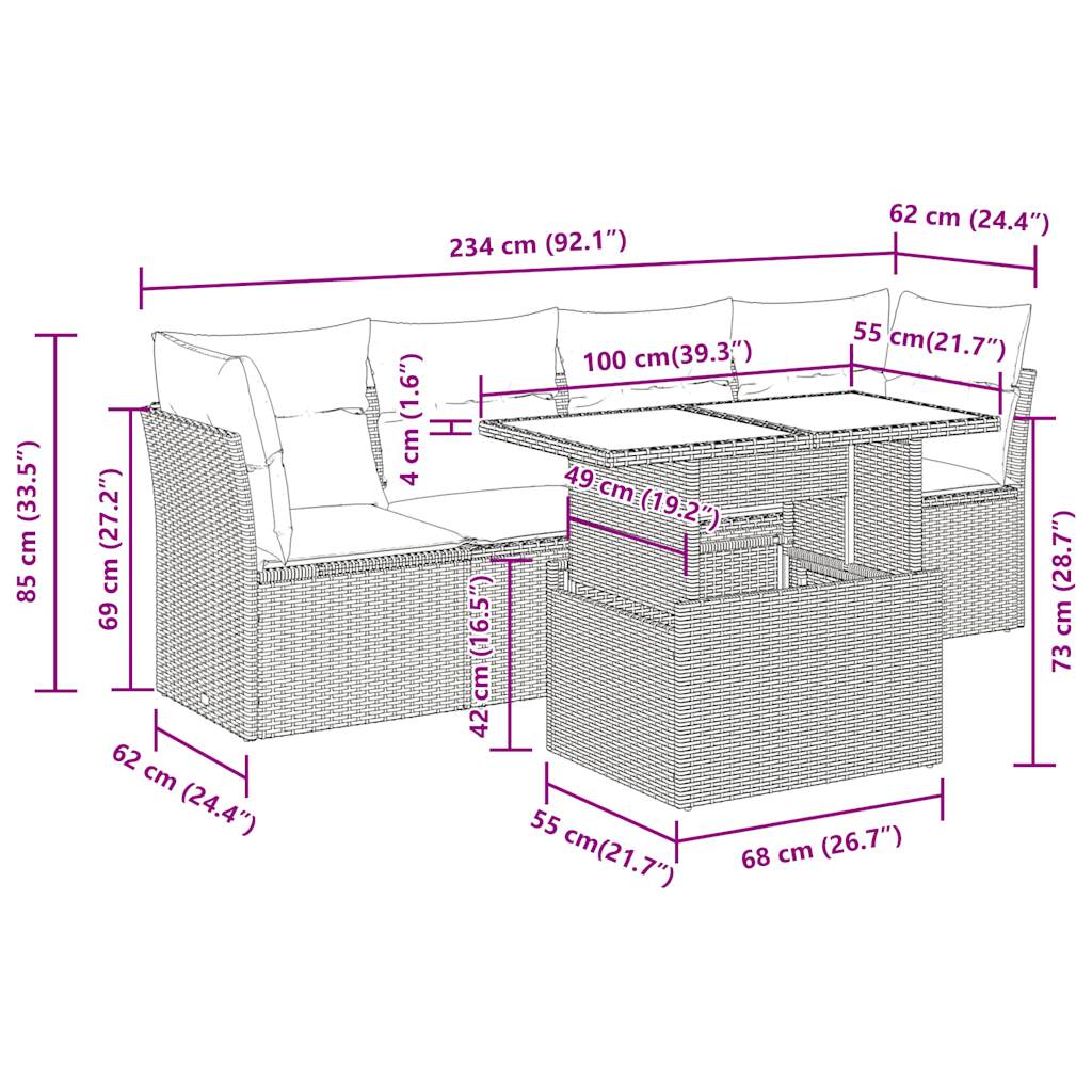 5-delige Loungeset met kussens poly rattan zwart – afbeelding 11