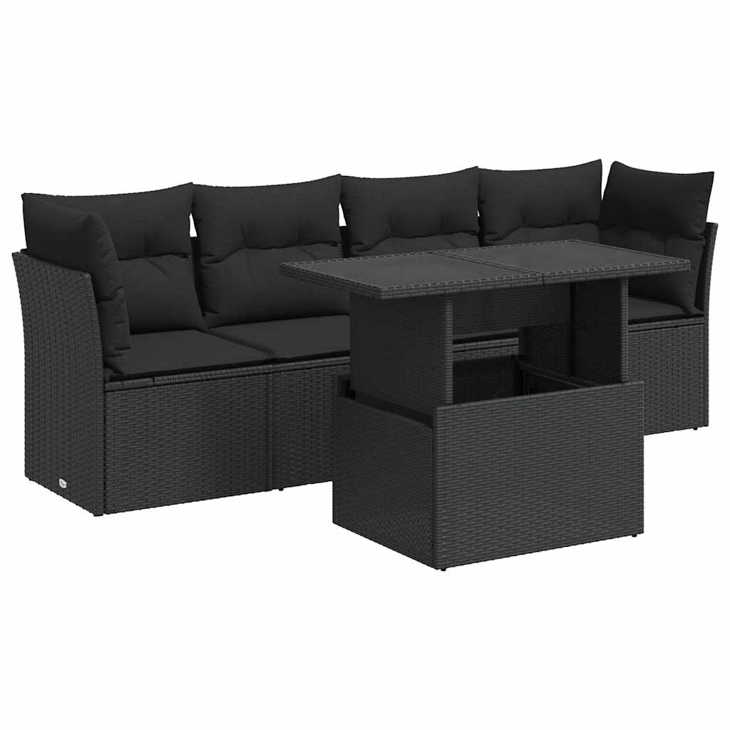 5-delige Loungeset met kussens poly rattan zwart – afbeelding 2
