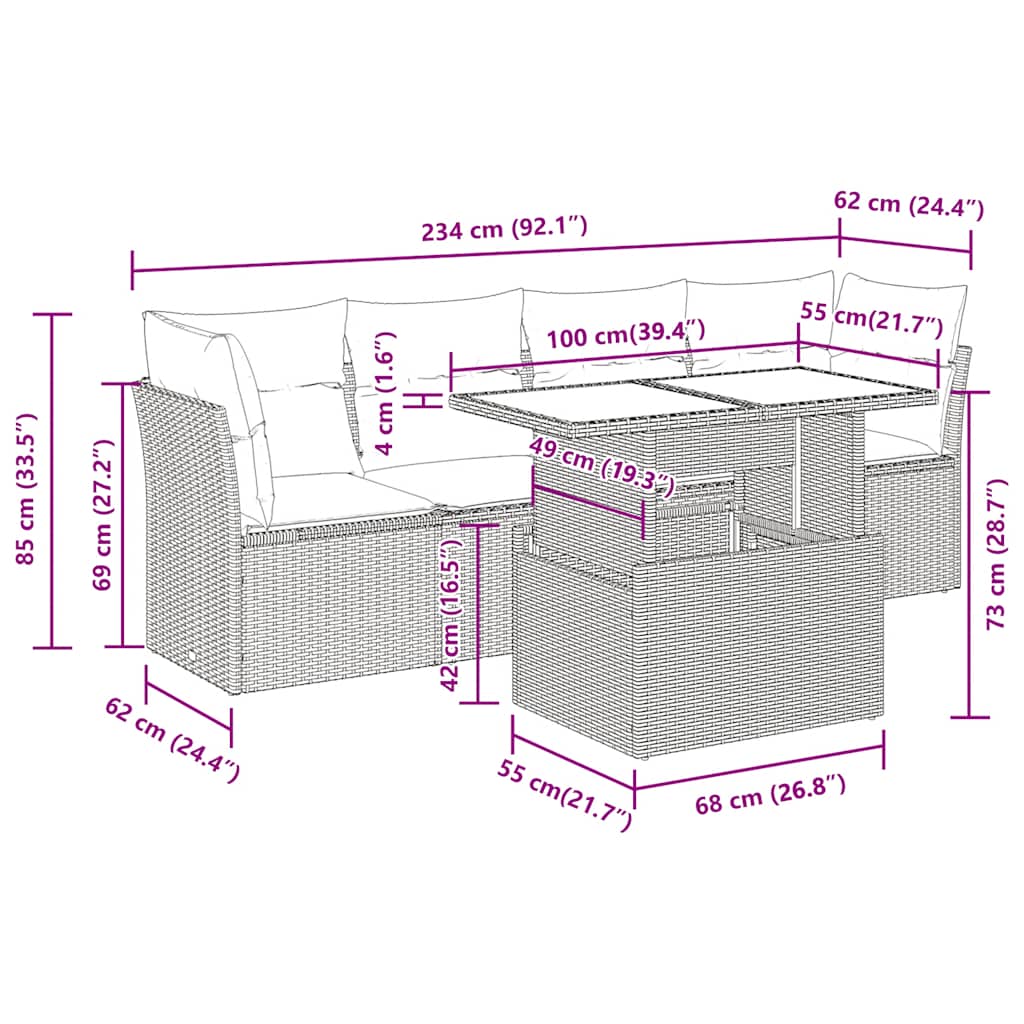 5-delige Loungeset met kussens poly rattan zwart – afbeelding 11