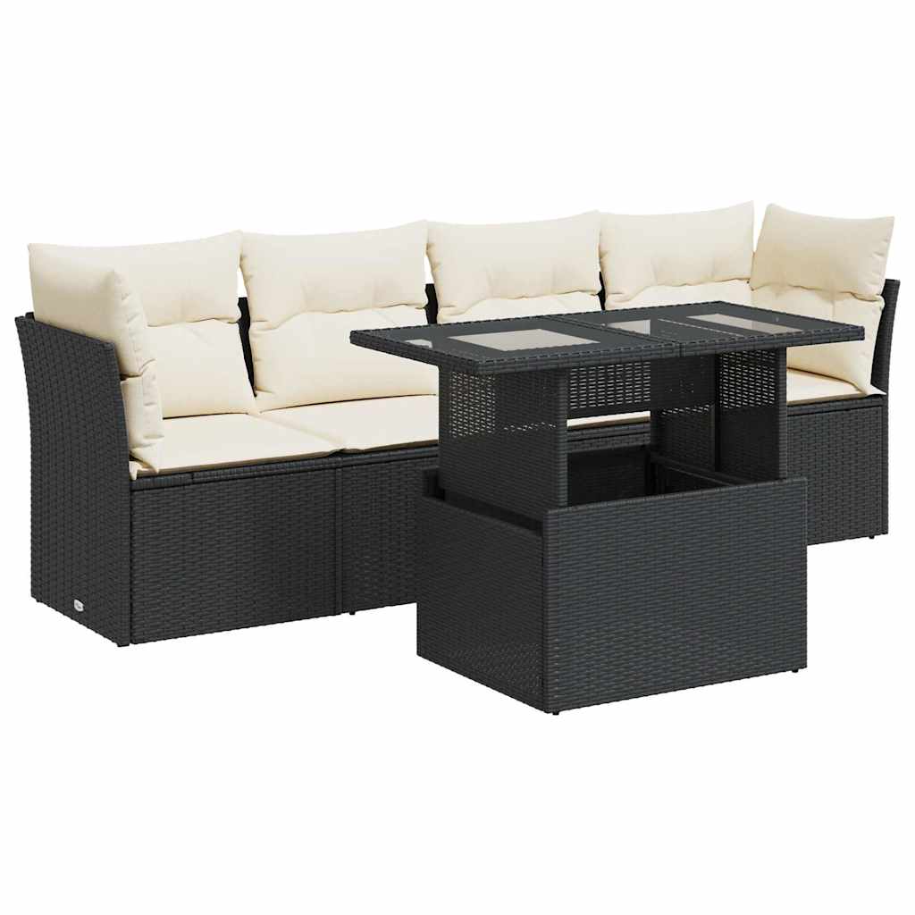 5-delige Loungeset met kussens poly rattan zwart – afbeelding 2