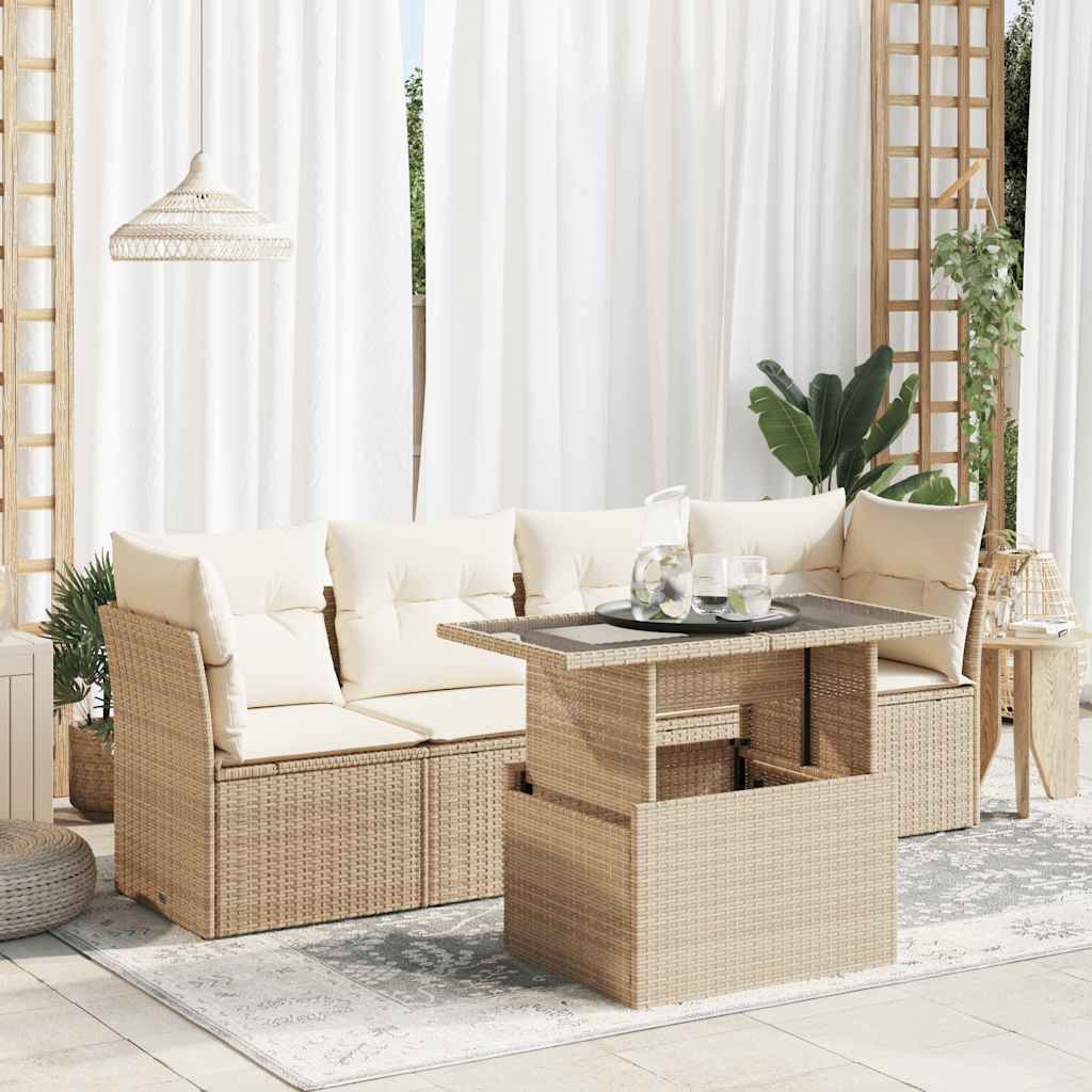 5-delige Loungeset met kussens poly rattan beige