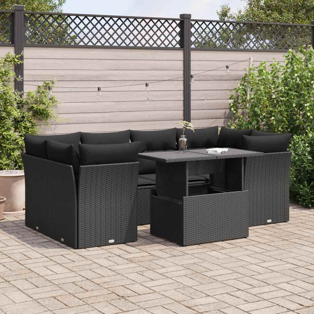7-delige Loungeset met kussens poly rattan zwart – afbeelding 1