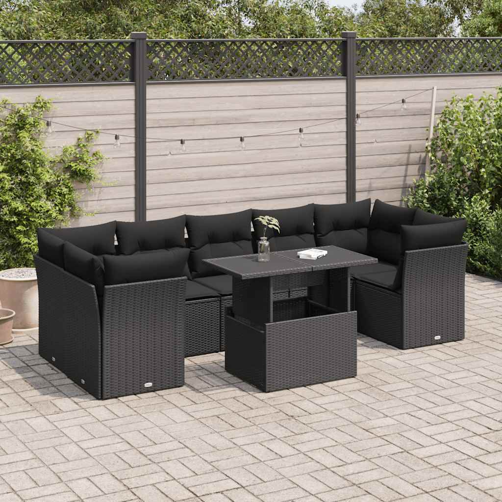 8-delige Loungeset met kussens poly rattan zwart – afbeelding 1