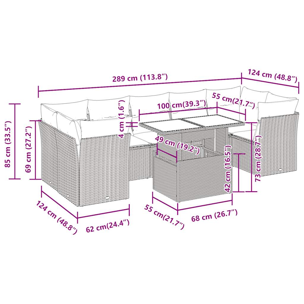 8-delige Loungeset met kussens poly rattan zwart – afbeelding 12