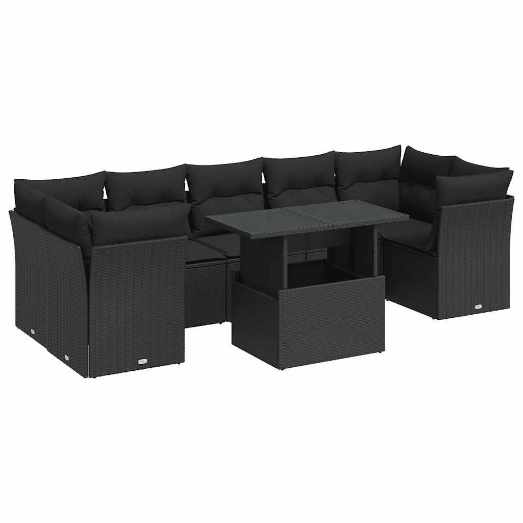 8-delige Loungeset met kussens poly rattan zwart – afbeelding 2