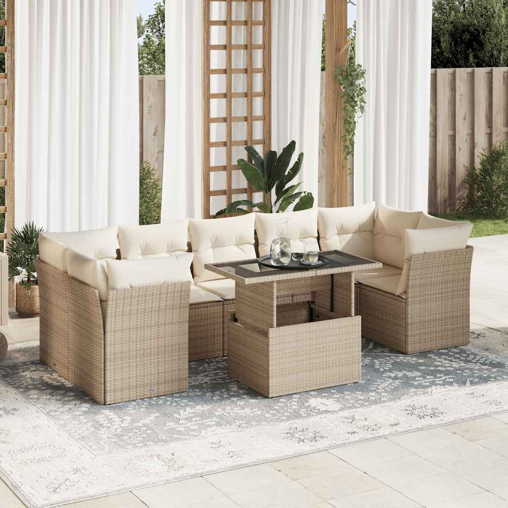 8-delige Loungeset met kussens poly rattan beige – afbeelding 1