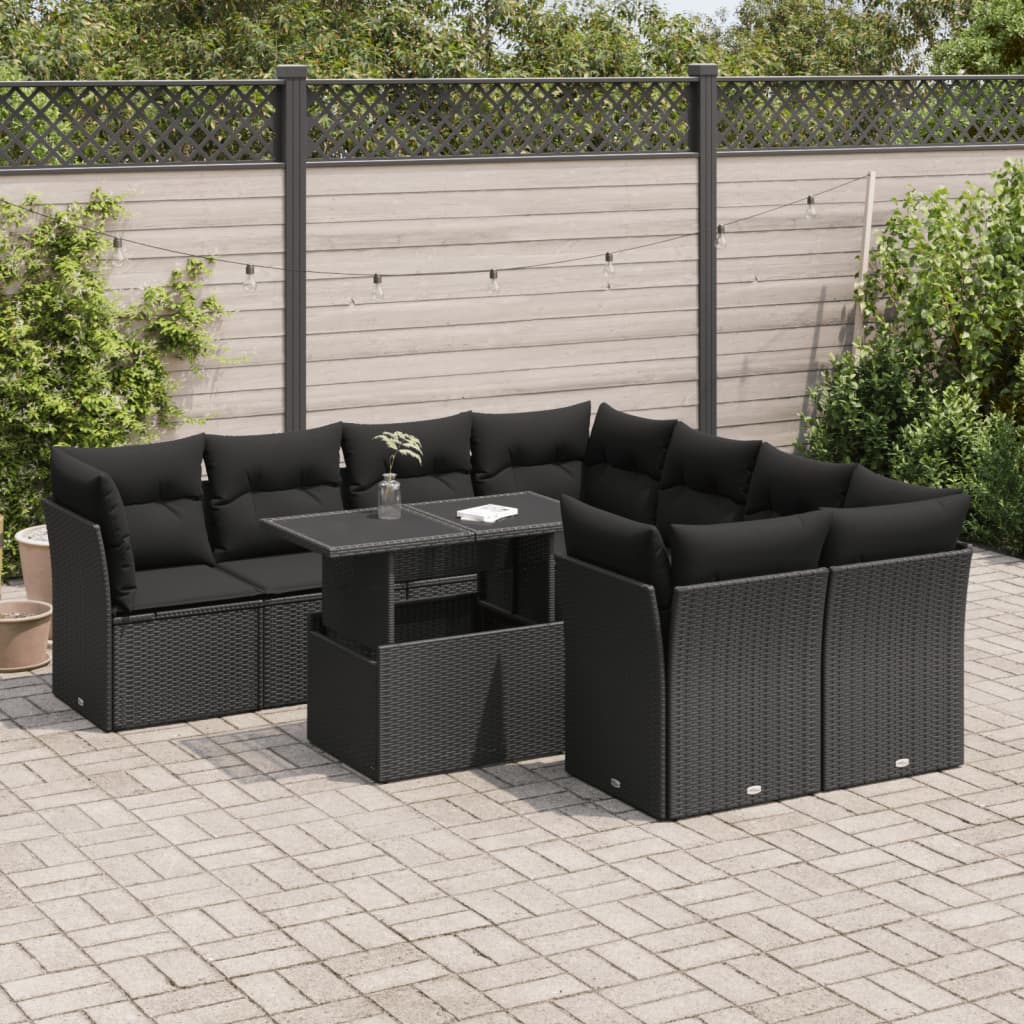 9-delige Loungeset met kussens poly rattan zwart – afbeelding 1