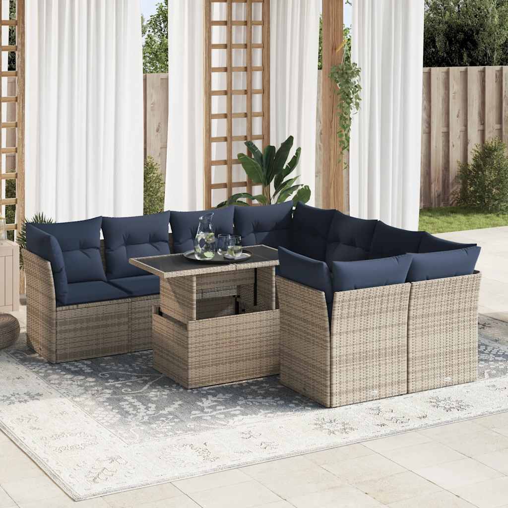 9-delige Loungeset met kussens poly rattan acacia grijs – afbeelding 1
