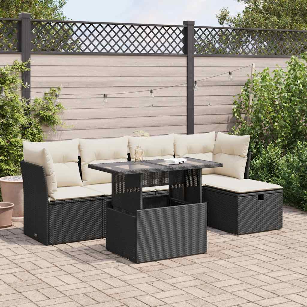 6-delige Loungeset met kussens poly rattan zwart – afbeelding 1