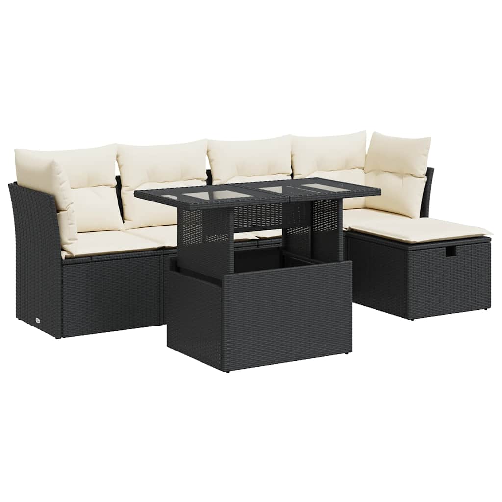 6-delige Loungeset met kussens poly rattan zwart – afbeelding 2