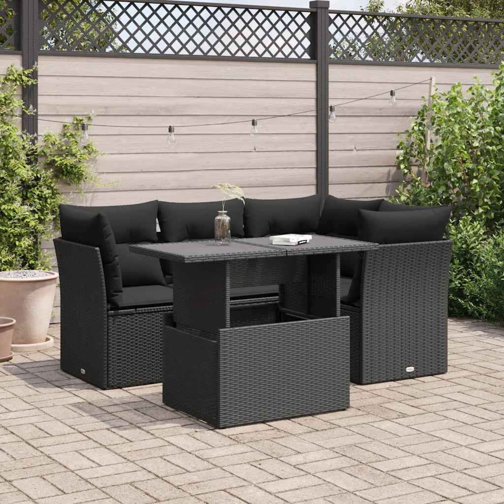 5-delige Loungeset met kussens poly rattan zwart – afbeelding 1