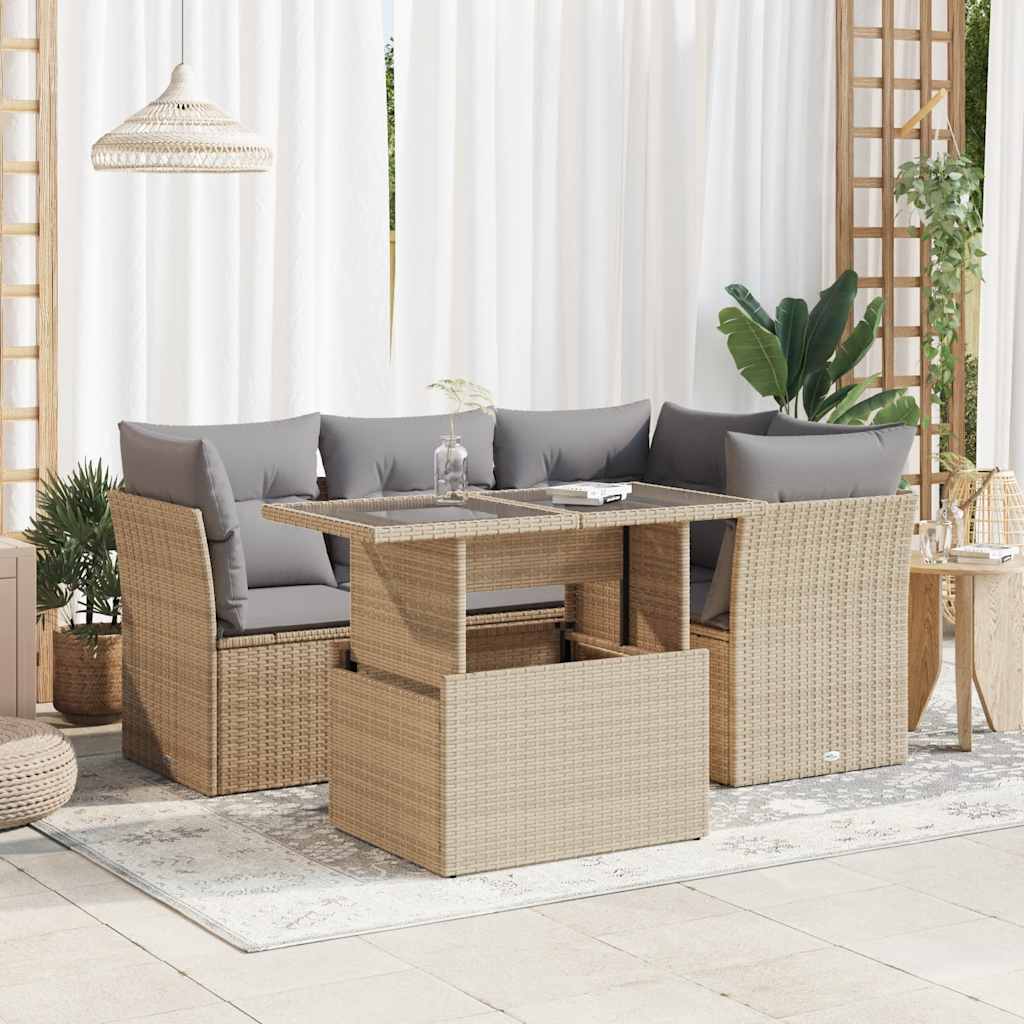 5-delige Loungeset met kussens poly rattan beige – afbeelding 1