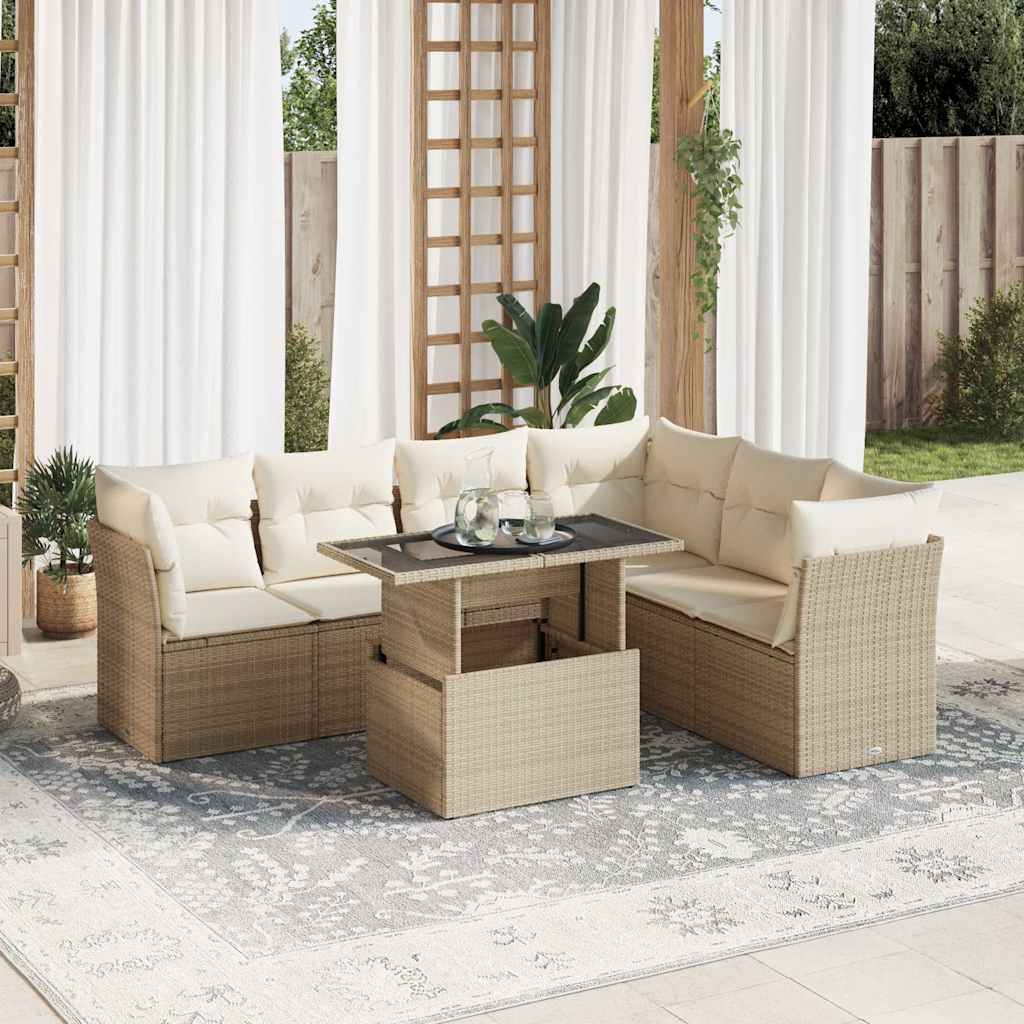 7-delige Loungeset met kussens poly rattan beige – afbeelding 1