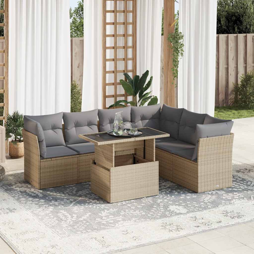 7-delige Loungeset met kussens poly rattan beige – afbeelding 1