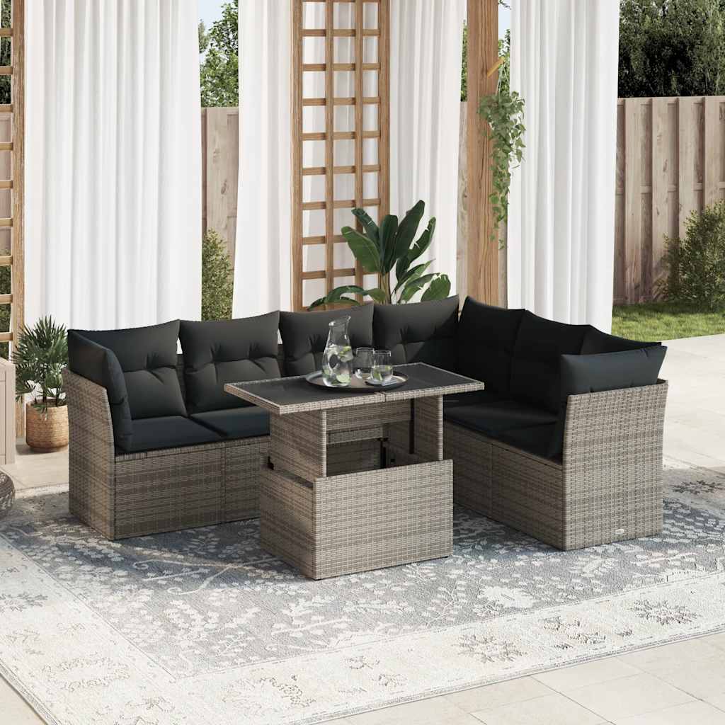 7-delige Loungeset met kussens poly rattan grijs – afbeelding 1