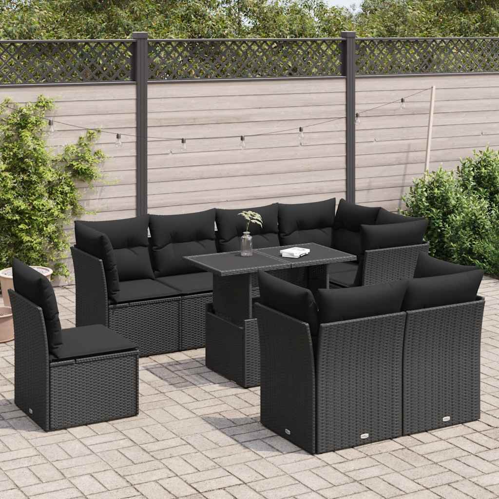 9-delige Loungeset met kussens poly rattan zwart – afbeelding 1