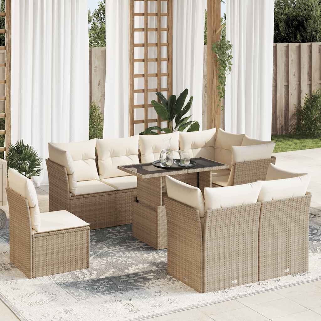9-delige Loungeset met kussens poly rattan beige – afbeelding 1