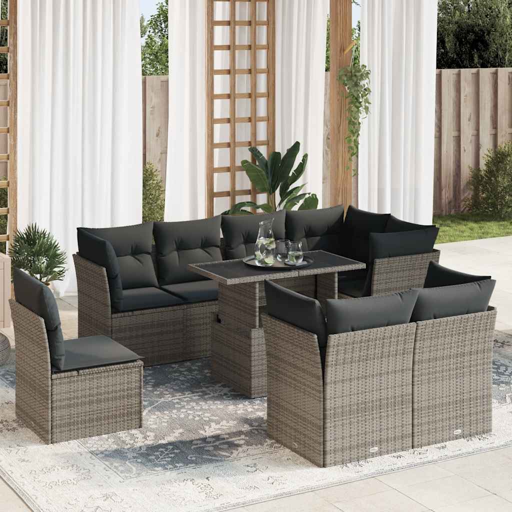 9-delige Loungeset met kussens poly rattan grijs – afbeelding 1