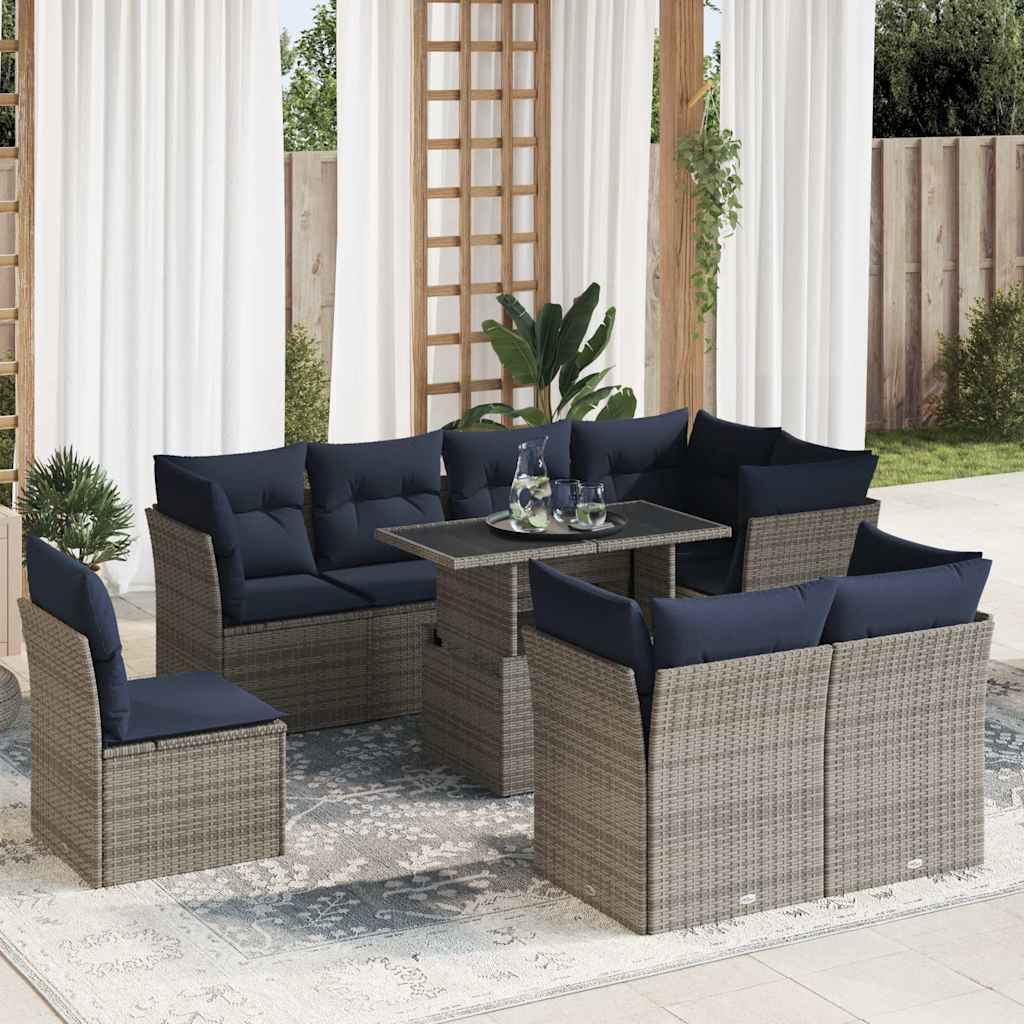 9-delige Loungeset met kussens poly rattan acacia grijs