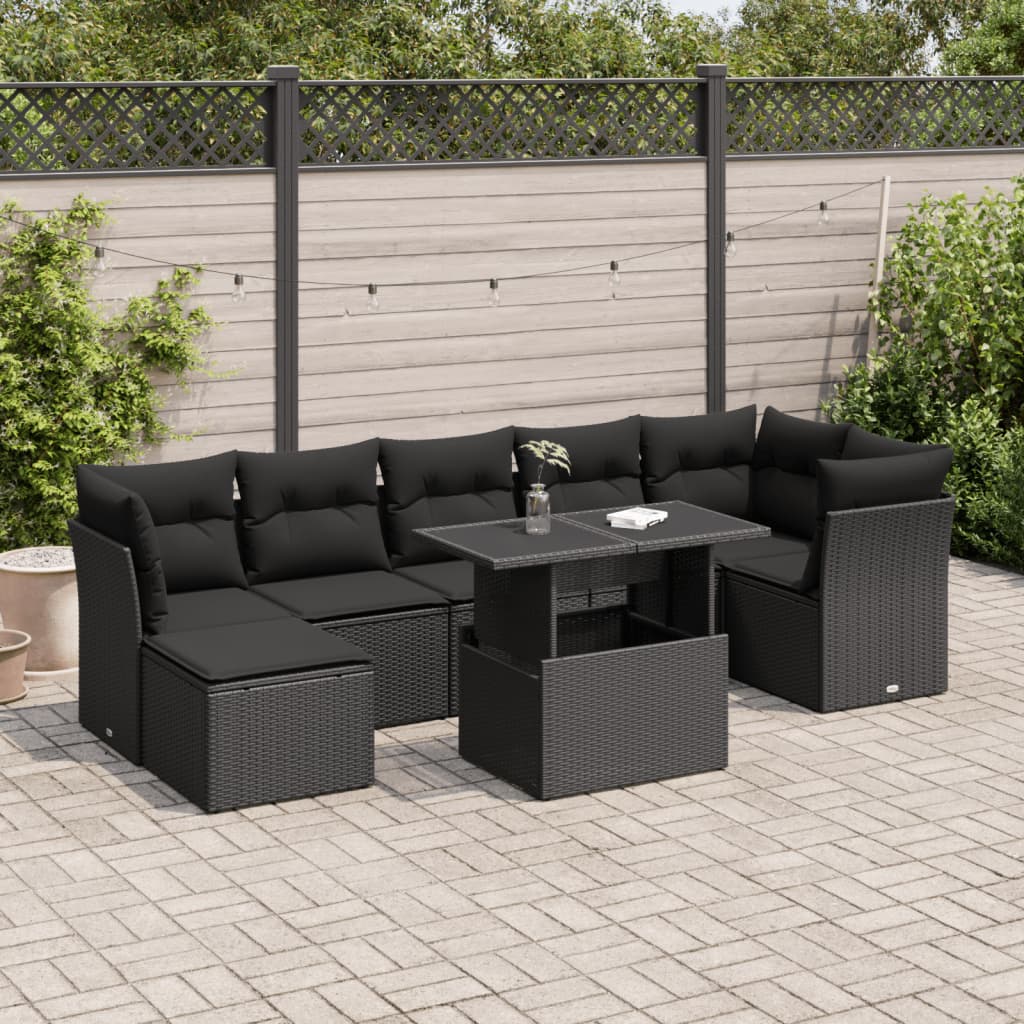 8-delige Loungeset met kussens poly rattan zwart – afbeelding 1