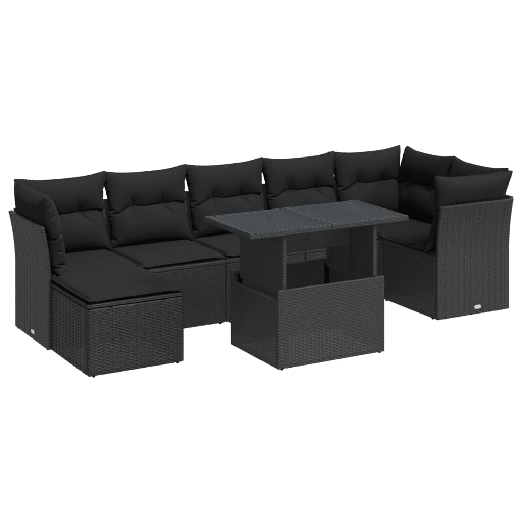 8-delige Loungeset met kussens poly rattan zwart – afbeelding 2