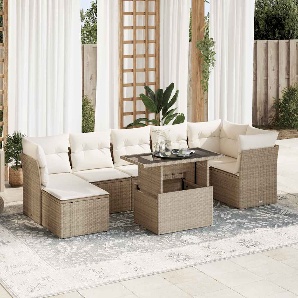 8-delige Loungeset met kussens poly rattan beige – afbeelding 1