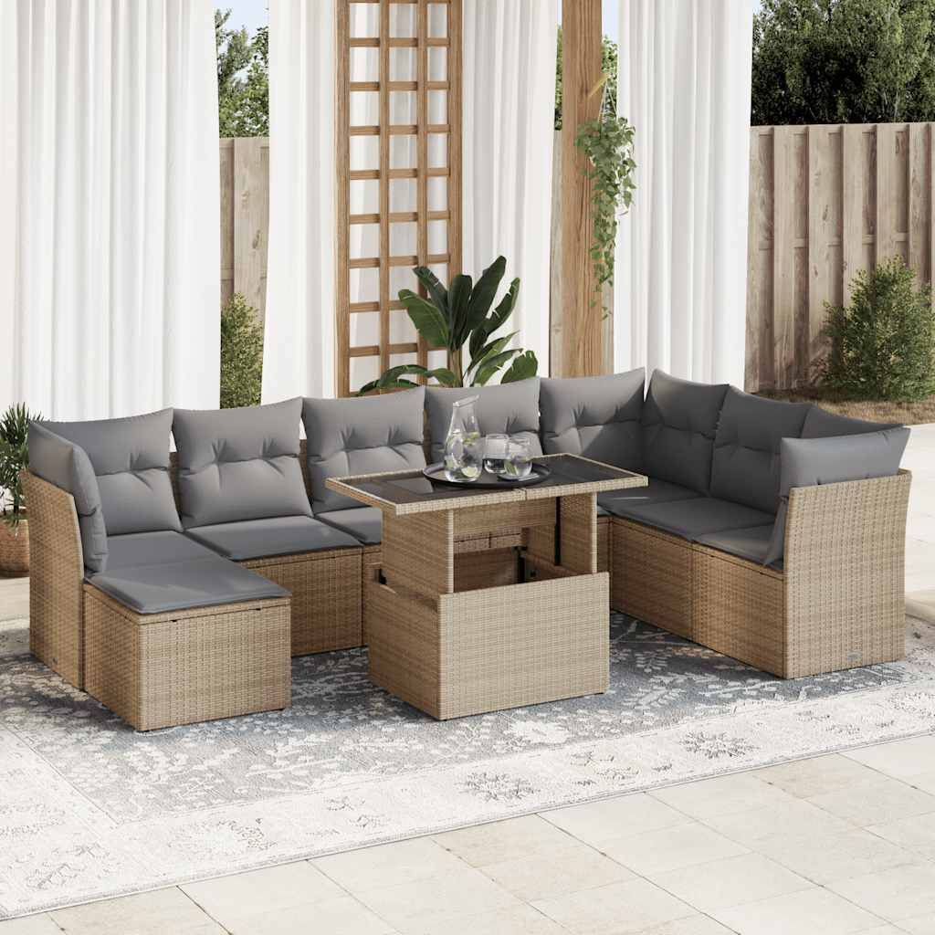 9-delige Loungeset met kussens poly rattan beige – afbeelding 1