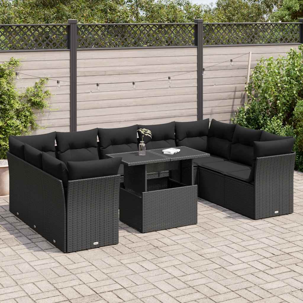 10-delige Loungeset met kussens poly rattan zwart – afbeelding 1