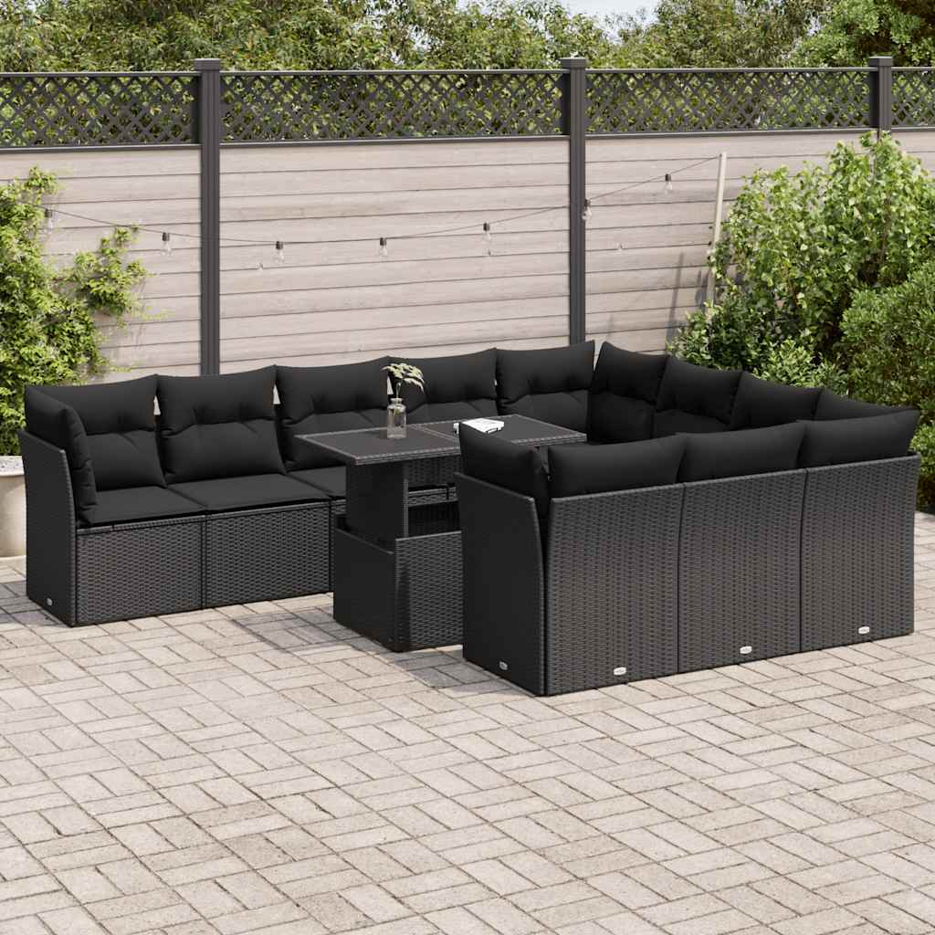 11-delige Loungeset met kussens poly rattan zwart – afbeelding 1