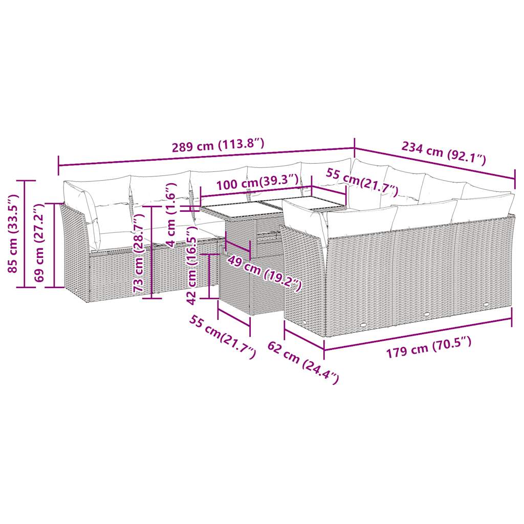11-delige Loungeset met kussens poly rattan zwart – afbeelding 11