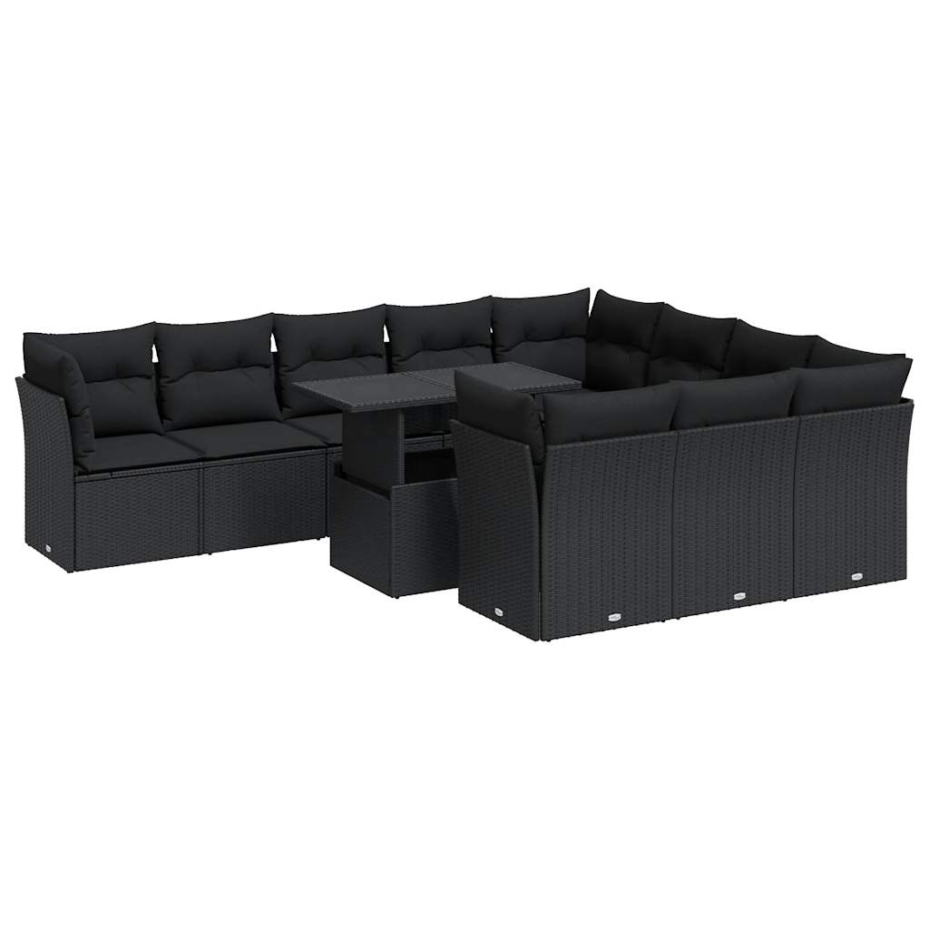 11-delige Loungeset met kussens poly rattan zwart – afbeelding 2