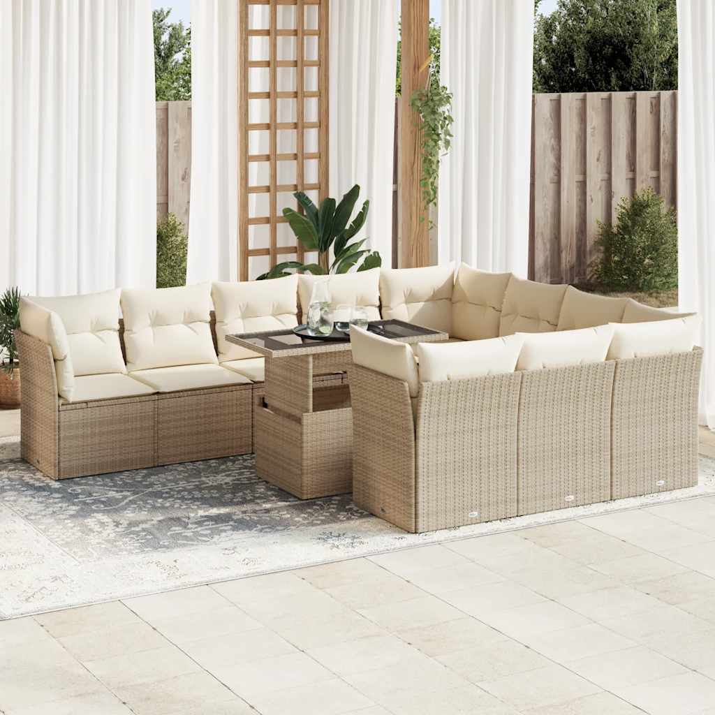 11-delige Tuinset met kussens poly rattan beige – afbeelding 1