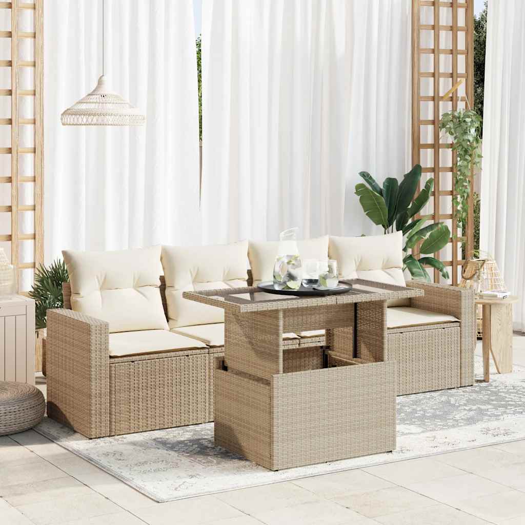 5-delige Loungeset met kussens poly rattan beige – afbeelding 1