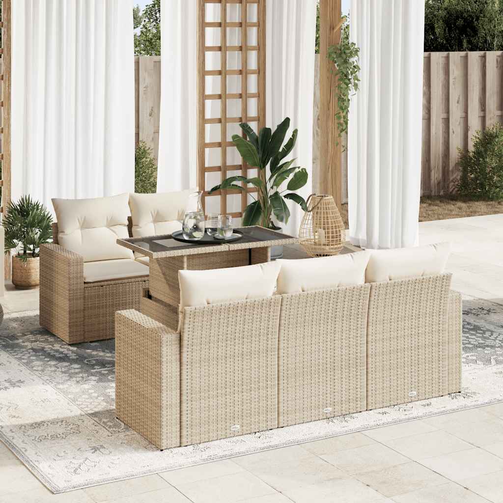 6-delige Loungeset met kussens poly rattan beige – afbeelding 1
